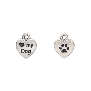 Charm, TierraCast®, antique silver-plated pewter (tin-based alloy), 10mm two-sided heart with "Love my Dog" and paw print. Sold per pkg of 2.
