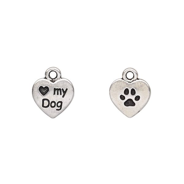 Charm, TierraCast®, antique silver-plated pewter (tin-based alloy), 10mm two-sided heart with "Love my Dog" and paw print. Sold per pkg of 2. image number 0