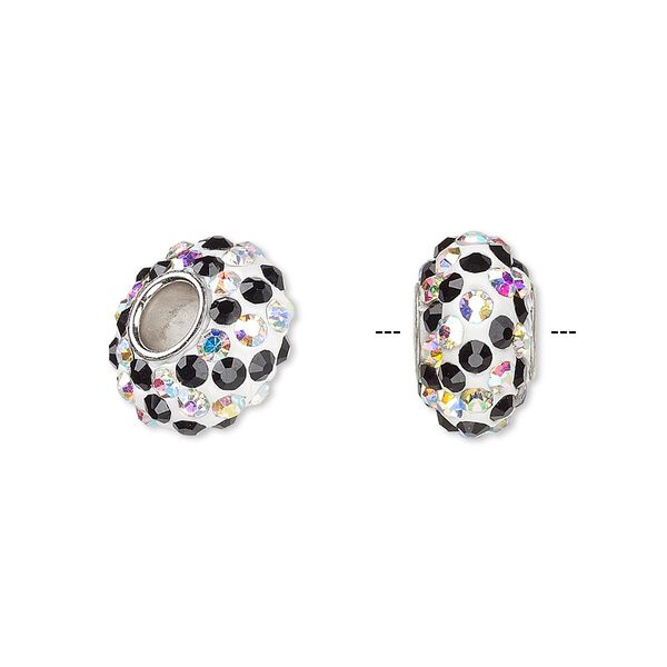 Bead, Dione®, Czech glass rhinestone / epoxy / imitation rhodium-plated brass grommet, clear AB / white / black, 13x8mm-14x8mm rondelle with spiral design, 4.5mm hole. Sold individually. image number 0