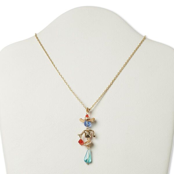 Necklace, glass and gold-finished "pewter" (zinc-based alloy), multicolored, 58x22mm cowgirl, 16 inches with 3-inch extender chain and lobster claw clasp. Sold individually. image number 0