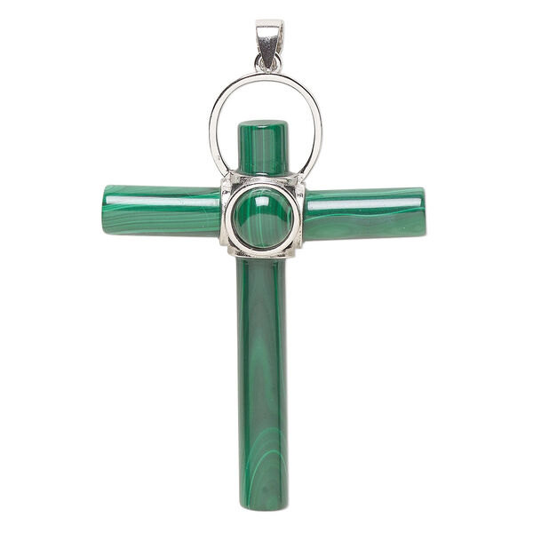 Pendant, malachite (natural) and sterling silver, 44x24mm-50x39mm cross. Sold individually. image number 0