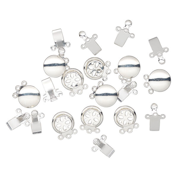 Clasp, 3-strand tab, silver-finished brass, 10.5mm round. Sold per pkg of 10. image number 0