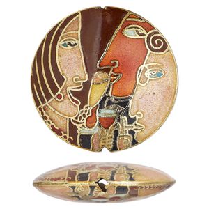 Bead, cloisonné, multicolored, 35x10mm double-sided puffed round with side profile face design. Sold individually.