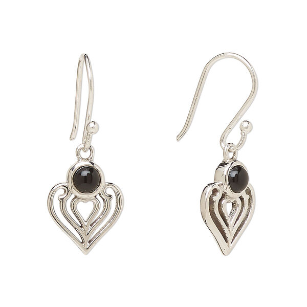 Ear wire, Create Compliments®, antiqued sterling silver and black onyx (dyed), fishhook, 28.5mm with 15x9mm single-sided heart, 21 gauge. Sold per pair. image number 0