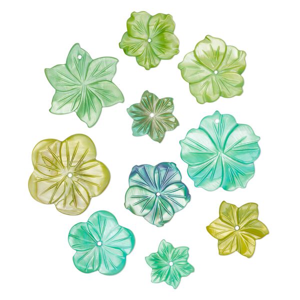 Focal and component mix, mother-of-pearl shell (dyed), multi-green, 12-25mm hand-carved flower, Mohs hardness 3-1/2. Sold per pkg of 10. image number 0