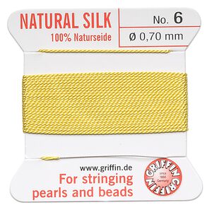 Thread, Griffin, silk, yellow, size #6. Sold per 2-meter card (approximately 78 inches).