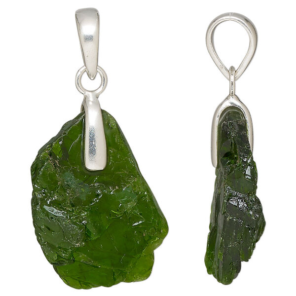 Pendant, chrome diopside (natural) and sterling silver, 29x17mm-34x22mm single-sided rough slab. Sold individually. image number 0