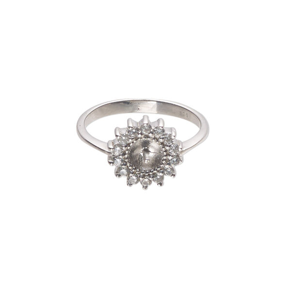 Ring, cubic zirconia and rhodium-plated sterling silver, clear, 2.5mm band with 11mm flower with 2mm peg, fits 6mm half-drilled bead, size 7. Sold individually. image number 0