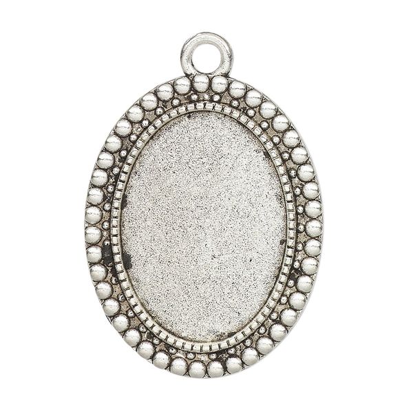 Focal, glue-in, antique silver-finished "pewter" (zinc-based alloy), 32.5x26mm single-sided oval with beaded edge, 25x18mm oval setting. Sold per pkg of 2. image number 0
