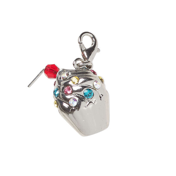 Charm, brass and glass, pkg/1, 19x13mm cupcake with lobster claw clasp, silver finish and multicolored. image number 0