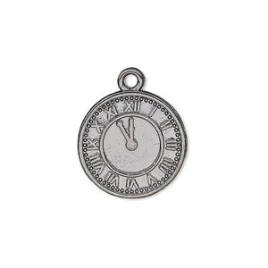 Charm, gunmetal-plated "pewter" (zinc-based alloy), 18mm single-sided clock face with Roman numerals. Sold per pkg of 10.