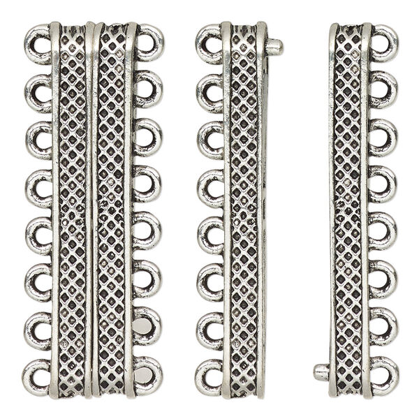 Clasp, 8-strand magnetic, antique silver-finished "pewter" (zinc-based alloy), 40x9mm rectangle with textured design. Sold individually. image number 0