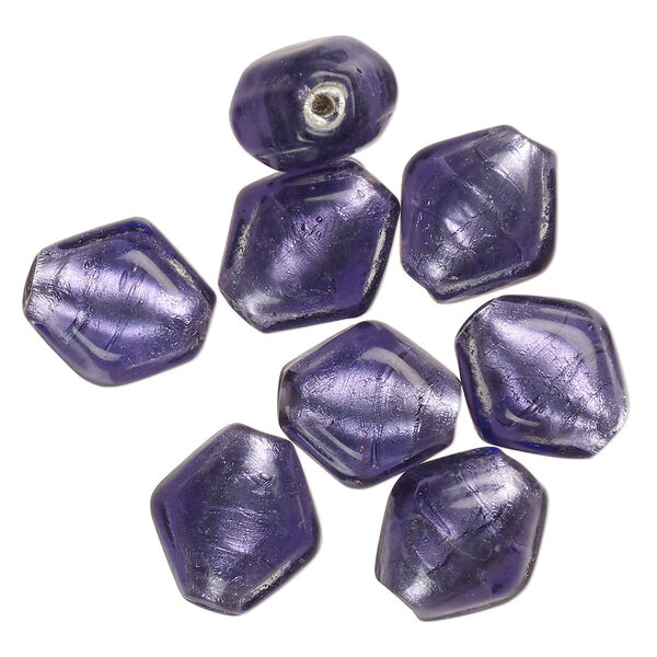 Bead, lampworked glass, opaque purple, 16x15mm-14x12mm puffed kite with silver-colored foil. Sold per pkg of 8. image number 0