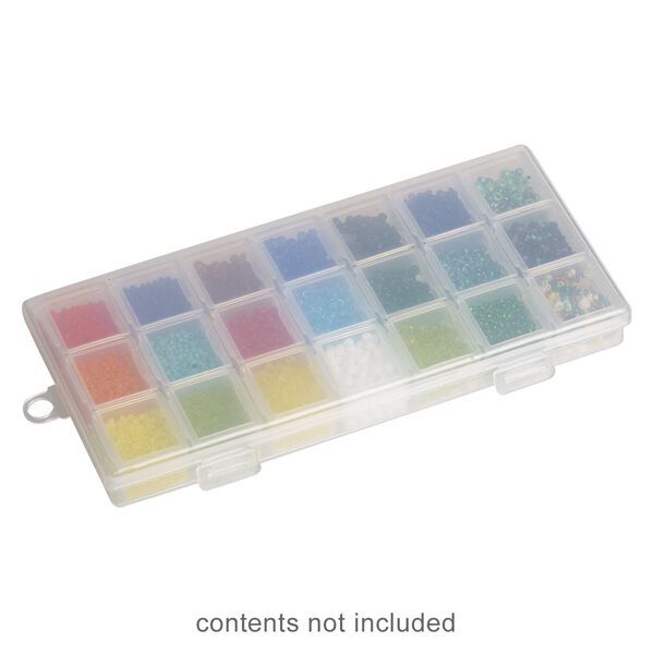 Organizer box, plastic, clear, 7 x 3-1/4 x 3/4-inch with (7) 3-compartment containers and hang tab. Sold per 8-piece set. image number 0