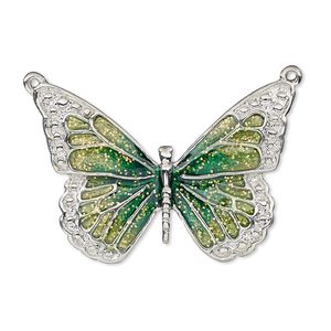 Focal, enamel and imitation rhodium-plated "pewter" (zinc-based alloy), green and light green with glitter, 35x25mm single-sided butterfly. Sold individually.
