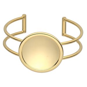 Bracelet, Almost Instant Jewelry®, cuff, gold-plated brass and "pewter" (zinc-based alloy), 65x36mm with 30mm round setting, adjustable. Sold individually.