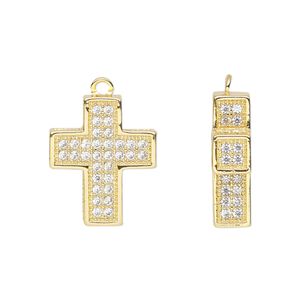 Drop, cubic zirconia and gold-finished brass, clear, 19x15.5mm single-sided cross. Sold individually.