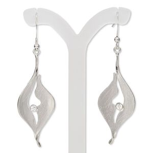 Earring, Czech glass rhinestone with imitation rhodium-plated brass and steel, clear, 2-1/4 inches with brushed marquise and cutout design with fishhook ear wire. Sold per pair.