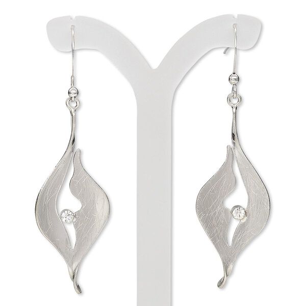 Earring, Czech glass rhinestone with imitation rhodium-plated brass and steel, clear, 2-1/4 inches with brushed marquise and cutout design with fishhook ear wire. Sold per pair. image number 0