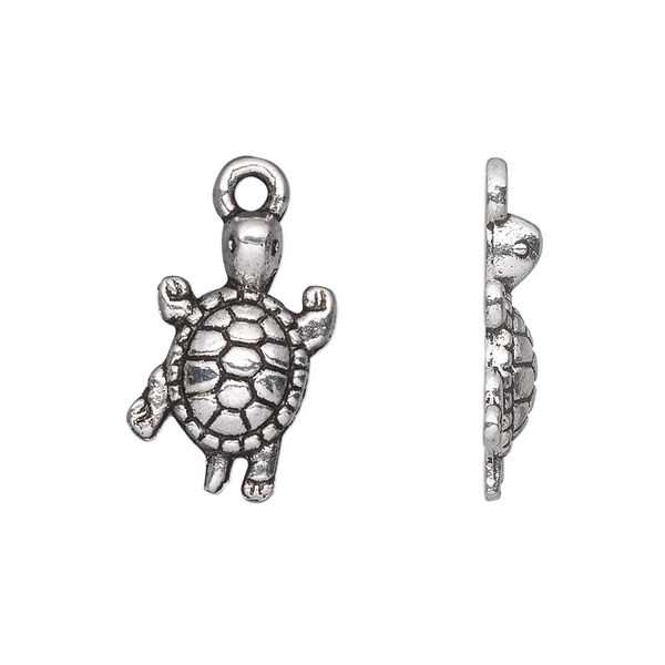 Charm, antique silver-plated "pewter" (zinc-based alloy), 19x12mm single-sided turtle. Sold per pkg of 20. image number 0