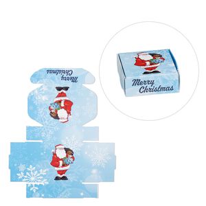 Box, paper, multicolored, 3x3x1-inch unassembled square with Santa Claus and snowflakes. Sold per pkg of 10.
