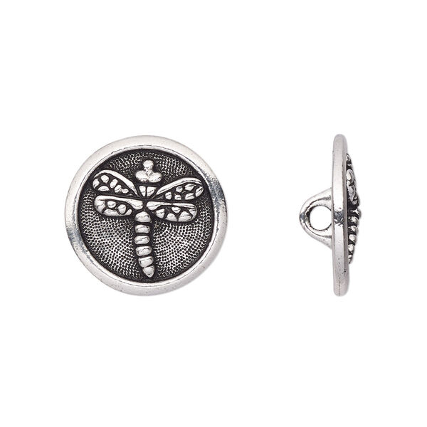 Button, TierraCast®, antique silver-plated pewter (tin-based alloy), 17mm flat round with dragonfly and loop. Sold per pkg of 20. image number 0