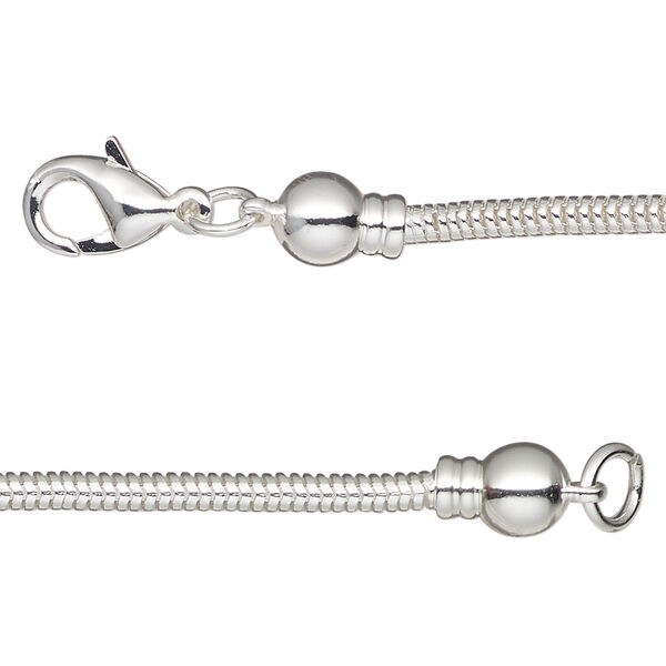 Chain, Dione® Easy-On Chain, silver-plated brass, 2.6mm snake, 17 inches with 3.3mm threaded ball end with lobster claw clasp. Sold individually. image number 0