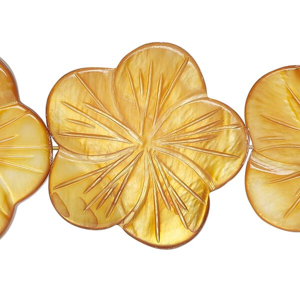 Bead, mother-of-pearl shell (dyed), dark gold, 29x28mm-30mm carved flat flower, 0.6-0.8mm hole, Mohs hardness 3-1/2. Sold per 15-inch strand. image number 0