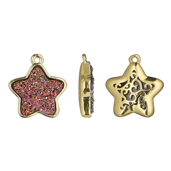 Drop, Druzylite™, "druzy" (resin) and gold-finished brass, metallic purple, 15x14mm two-sided star with open filigree back. Sold per pkg of 4. image number 0