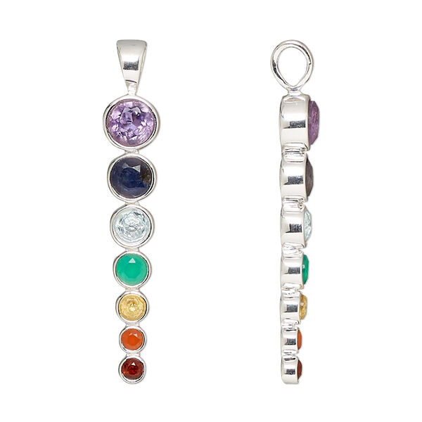 Pendant, multi-gemstone (natural / dyed / heated / irradiated) and sterling silver, multicolored, 36x6mm single-sided. Sold individually. image number 0