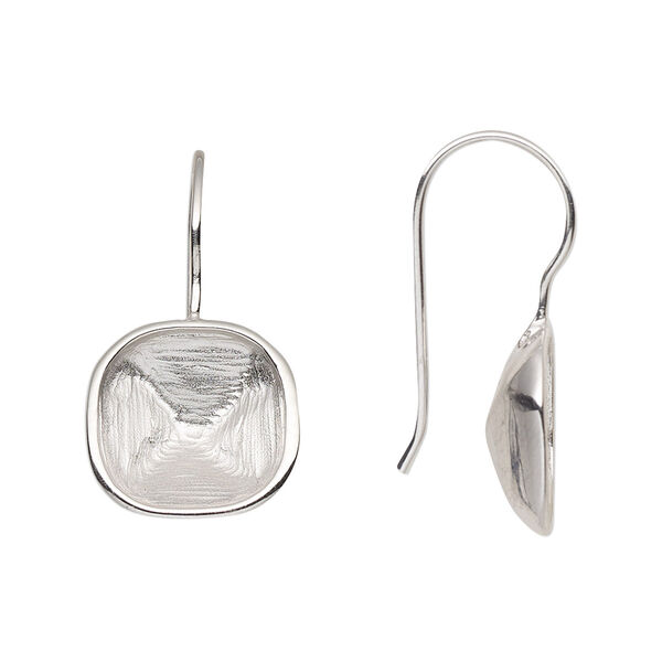 Ear wire, Almost Instant Jewelry®, sterling silver, 26mm fishhook with 12mm cushion glue-in setting, 20 gauge. Sold per pair. image number 0