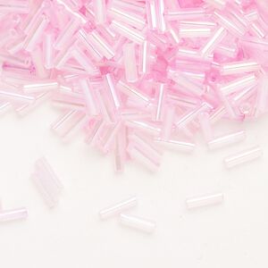 Bead, Ming Tree™, bugle bead, glass, pkg/1/4 pound, 1/4 inch, rainbow dyed color transparent rose.