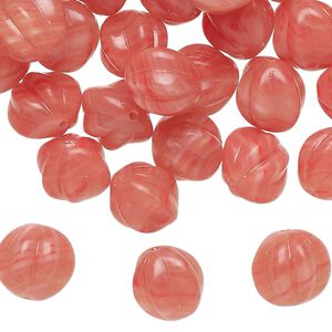 Bead glass 1pk 10mm corrugated round, 2 ounce translucent salmon