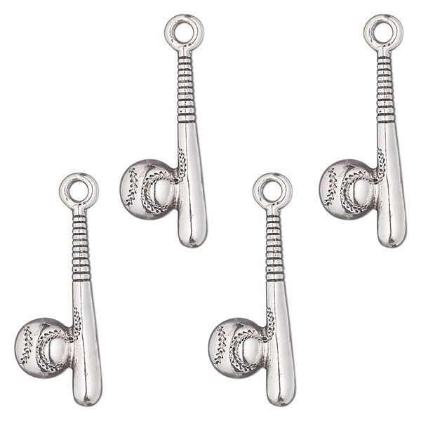 Charm, antique silver-finished "pewter" (zinc-based alloy), 25x9mm single-sided baseball bat and ball. Sold per pkg of 4. image number 0