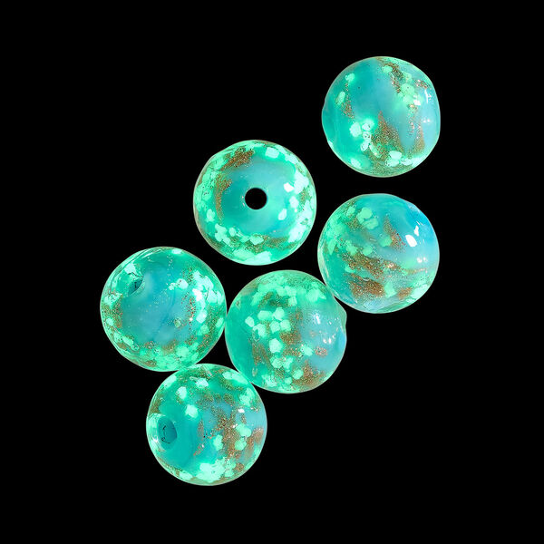 Bead, lampworked glass, clear / light blue / glow-in-the-dark / gold, 10mm round. Sold per pkg of 6. image number 1