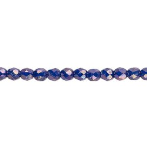 Bead, Czech fire-polished glass, opaque dark blue nebula, 4mm faceted round. Sold per 15-1/2" to 16" strand.
