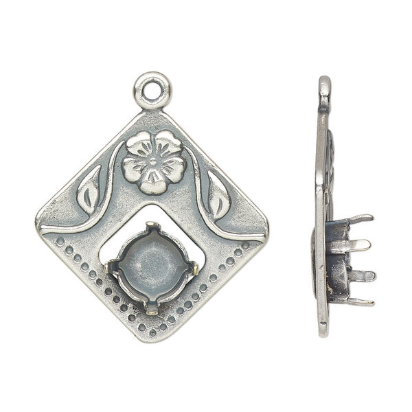 Drop, JBB Findings, antique silver-plated pewter (tin-based alloy), 25mm single-sided diamond with flower design and SS39 chaton or rivoli 4-prong setting. Sold individually. image number 0