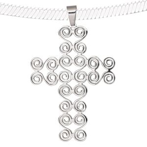 Pendant, stainless steel, 60x43mm double-sided cross with swirl design. Sold individually.