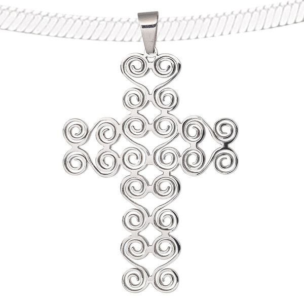 Pendant, stainless steel, 60x43mm double-sided cross with swirl design. Sold individually. image number 0