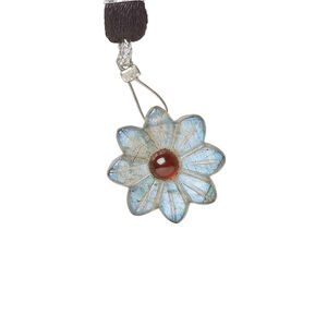 Labradorite / garnet 1pkg1, top-drilled hand-cut 1sided carved flower bead natural, 16mm
