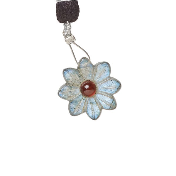 Labradorite / garnet 1pkg1, top-drilled hand-cut 1sided carved flower bead natural, 16mm image number 0