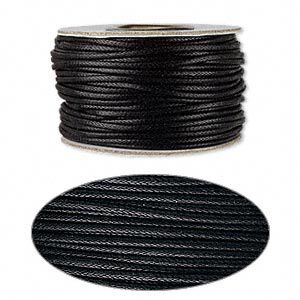 Cord, waxed cotton, black, 2mm round. Sold per 25-yard pkg.