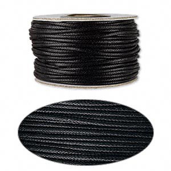 Cord, waxed cotton, black, 2mm round. Sold per 25-yard pkg. image number 0