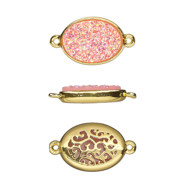 Link, Druzylite™, "druzy" (resin) and gold-finished brass, pink, 15.5x11.5mm two-sided oval with open filigree back. Sold per pkg of 4. image number 0