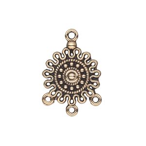 Drop, antique gold-finished "pewter" (zinc-based alloy), 17mm single-sided fancy curved round with 3 loops. Sold per pkg of 20.