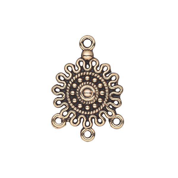 Drop, antique gold-finished "pewter" (zinc-based alloy), 17mm single-sided fancy curved round with 3 loops. Sold per pkg of 20. image number 0