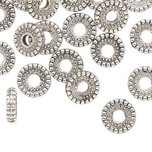 Bead, antiqued silver-finished copper-coated plastic, 10x3mm beaded rondelle. Sold per pkg of 125.