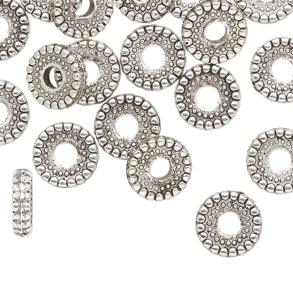 Bead, antiqued silver-finished copper-coated plastic, 10x3mm beaded rondelle. Sold per pkg of 125. image number 0