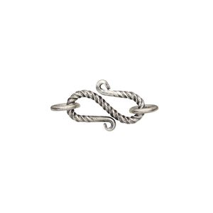 Clasp, S-hook, antiqued sterling silver, 17x8mm with twisted design with (2) 6mm closed jump rings. Sold per pkg of 2.