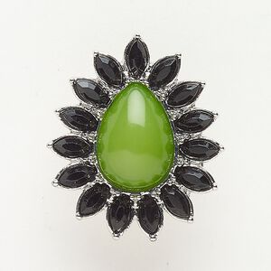 Bead, slide, brass / glass / acrylic, pkg/1, 33x28mm fancy teardrop, silver finish / black / green.